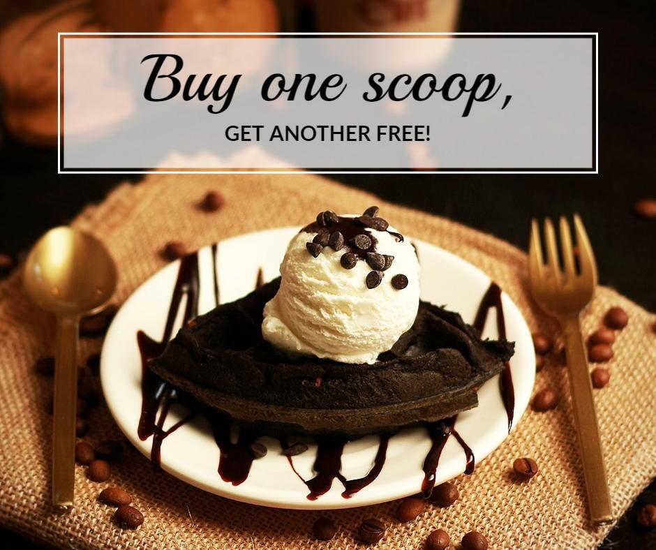 Delicious Black Chocolate Waffle with Free Scoop Offer Ad Template