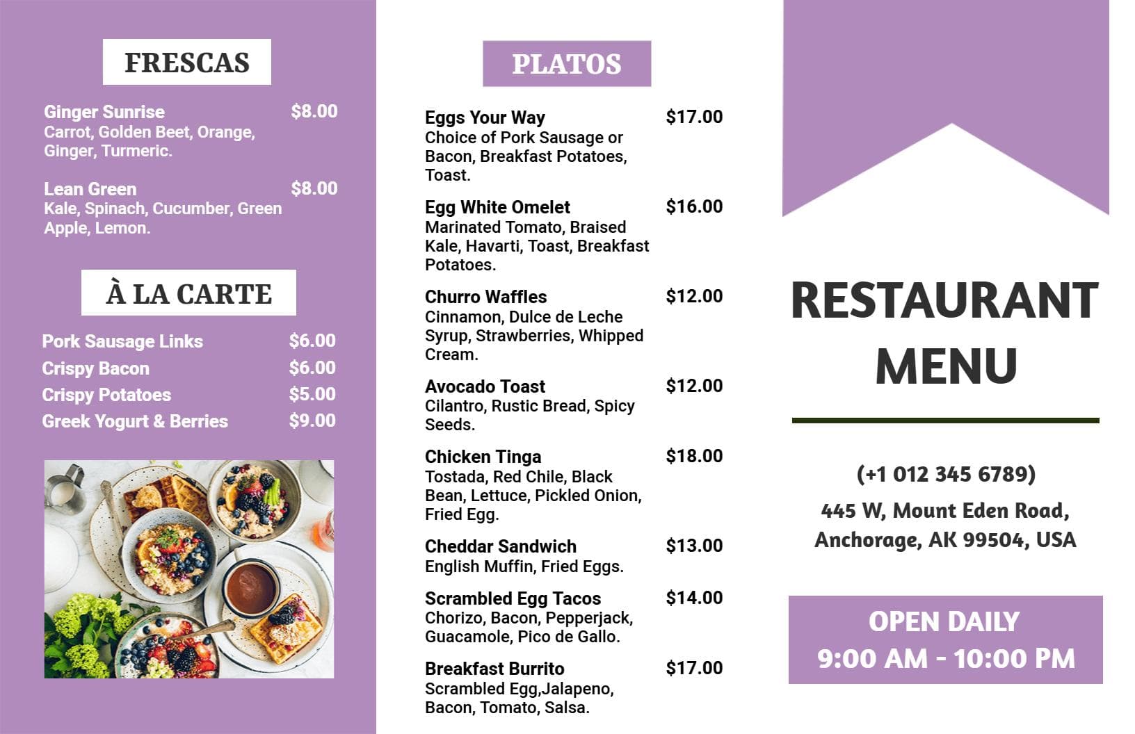 Delicious Breakfast and Brunch Favorites Featuring Eggs Tri Fold Menu Template