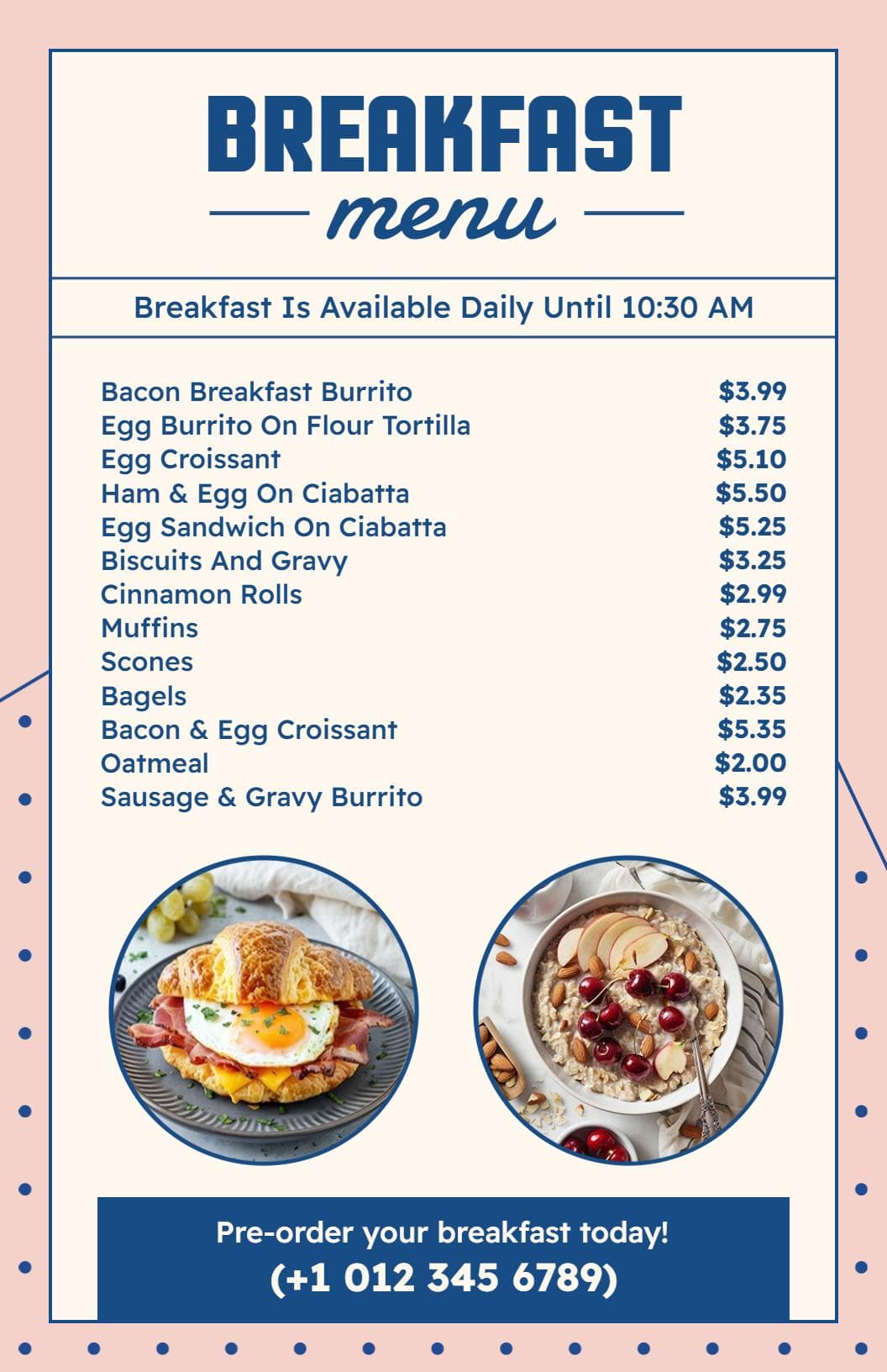 Delicious Breakfast Burritos and Fresh Pastries Breakfast Menu Template
