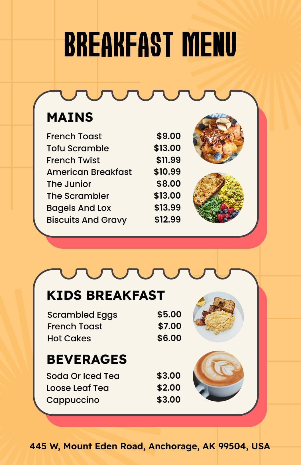 Delicious Breakfast Classics with Tasty Dishes Breakfast Menu Template