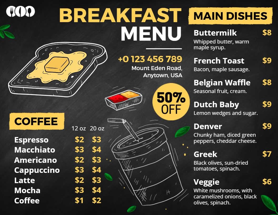 Delicious Breakfast Delights with Coffee and Main Dishes Breakfast Menu Template