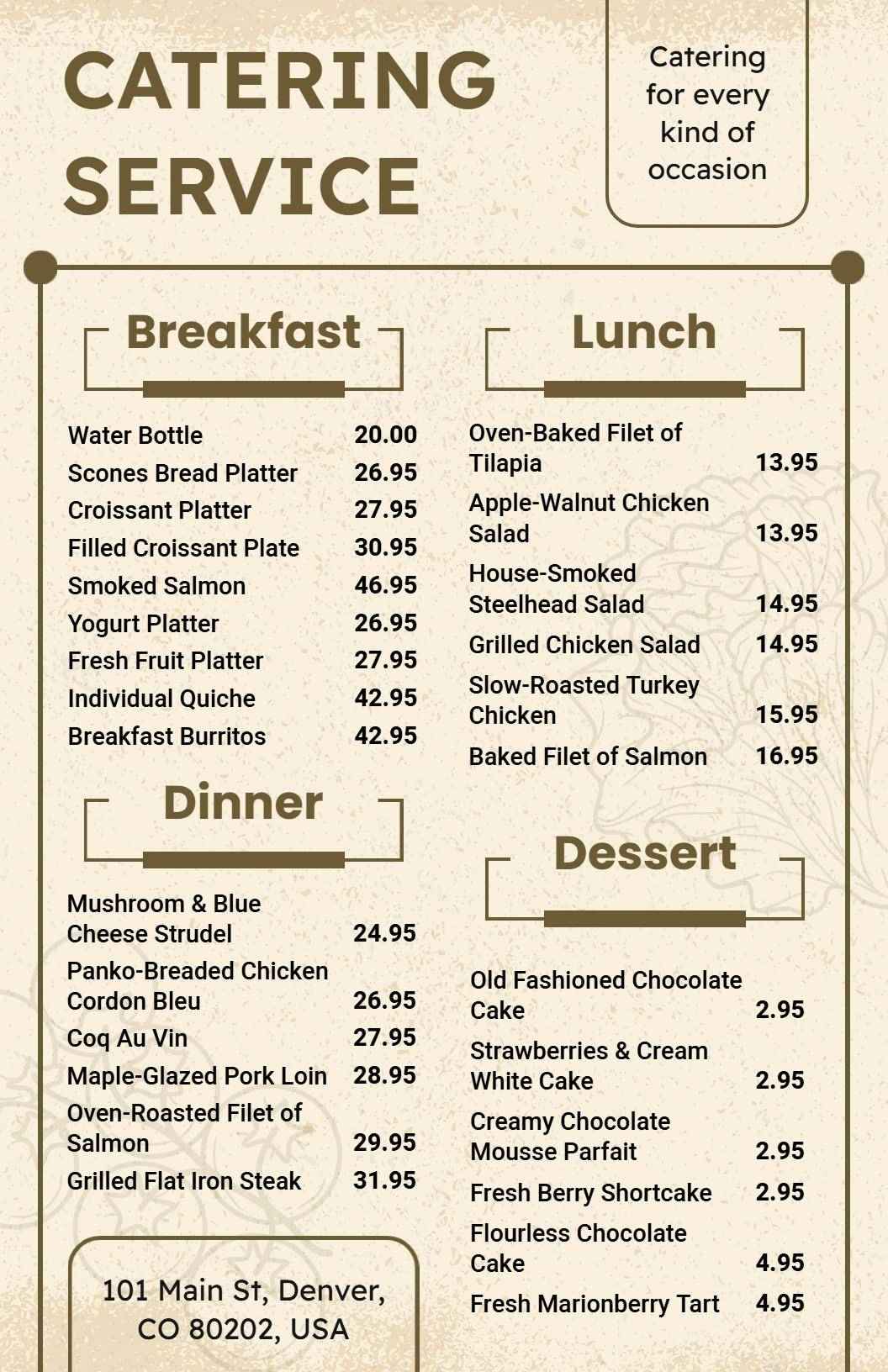 Delicious Breakfast, Lunch, Dinner, and Dessert Selections Catering Menu Template