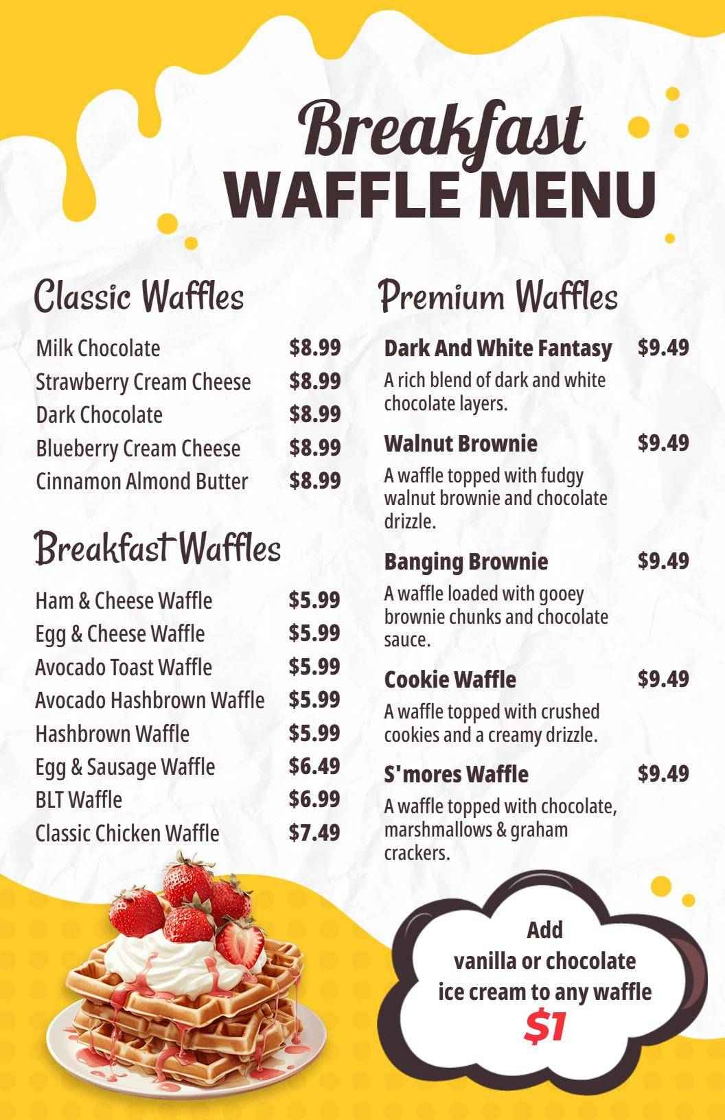 Delicious Breakfast Offerings and Classic Flavors Waffle Menu Template