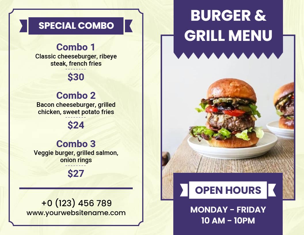 Delicious Burger and Grill Options with Tasty Sides Bi-Fold Menu Template