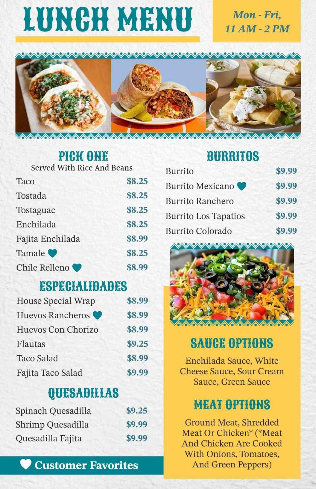 Delicious Burritos, Tacos, and Quesadillas Lunch Menu Template