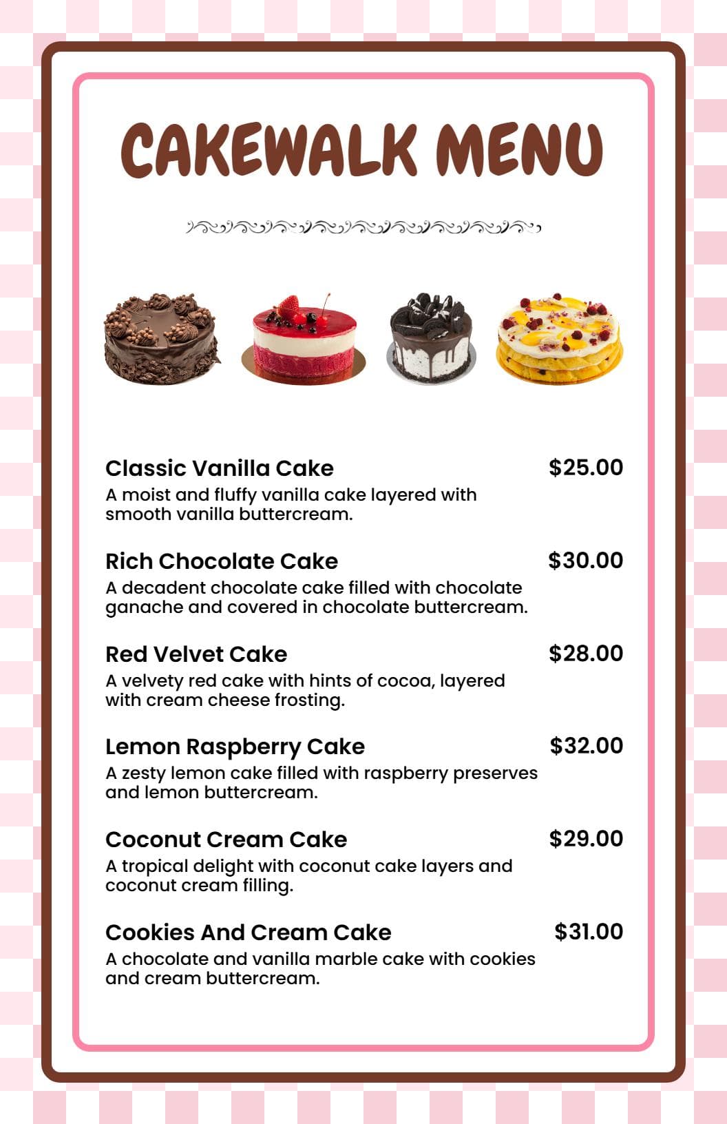 Delicious Cake Varieties Featuring Unique Flavors Cake Menu Template
