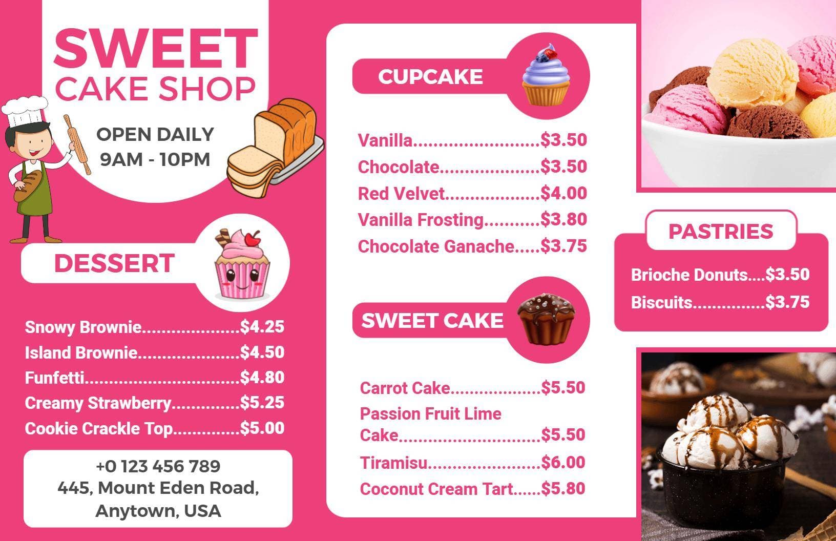 Delicious Cakes and Sweet Treats for Every Occasion Bakery Menu Template