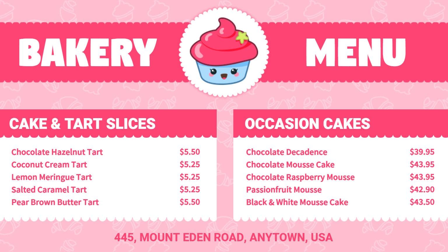 Delicious Cakes and Tarts Featuring Decadent Flavors Bakery Menu Template