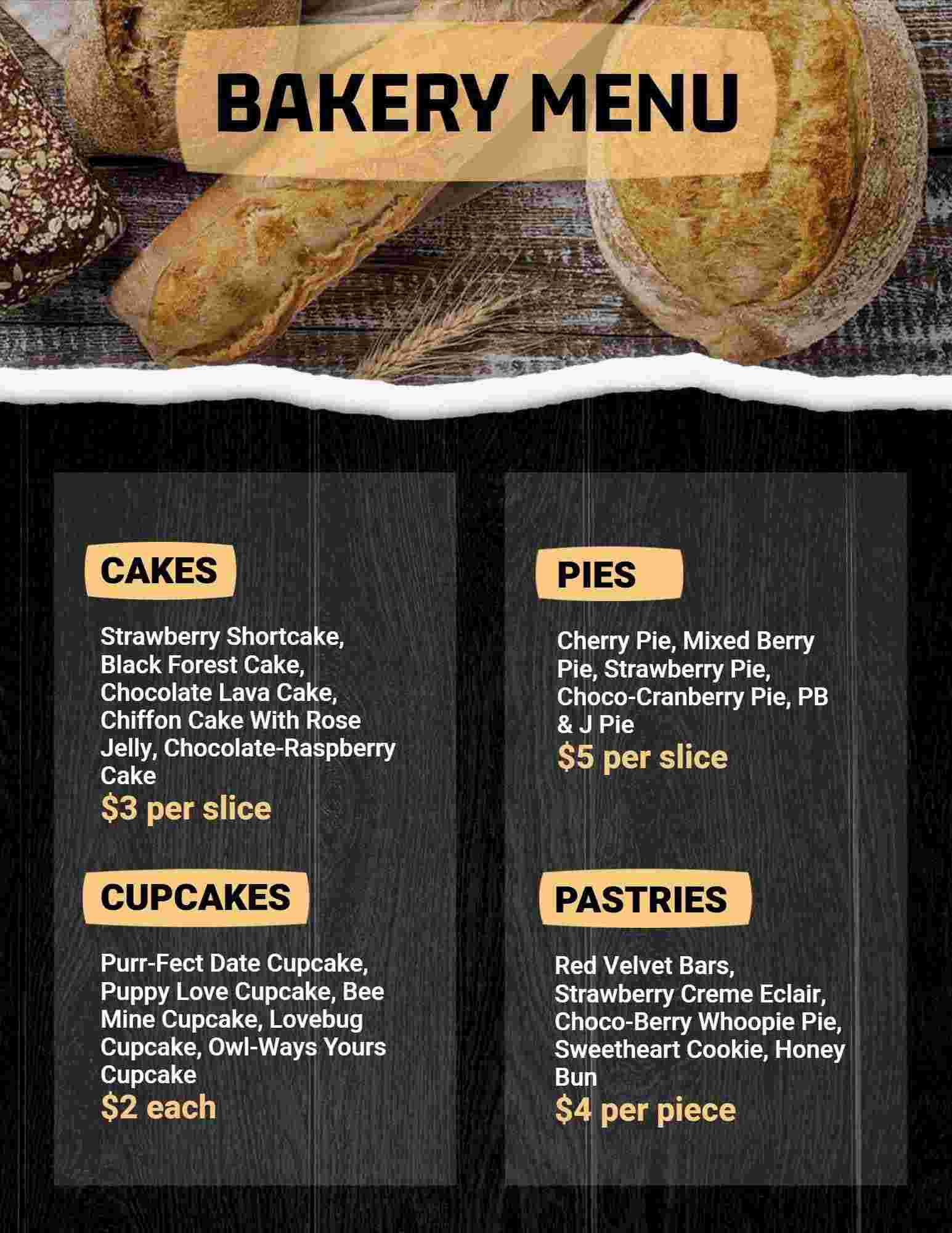 Delicious Cakes, Pies, and Pastries Assorted Bakery Menu Template