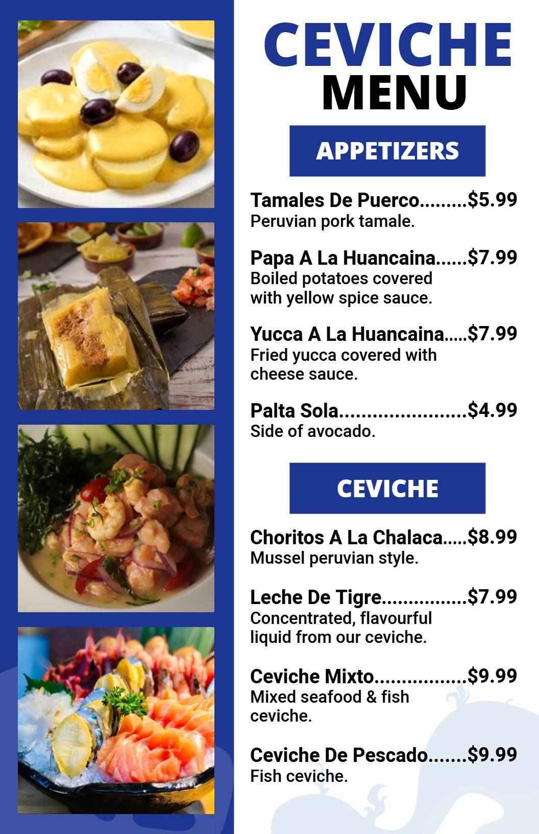 Delicious Ceviche Options with Fresh Ingredients Seafood Menu Template