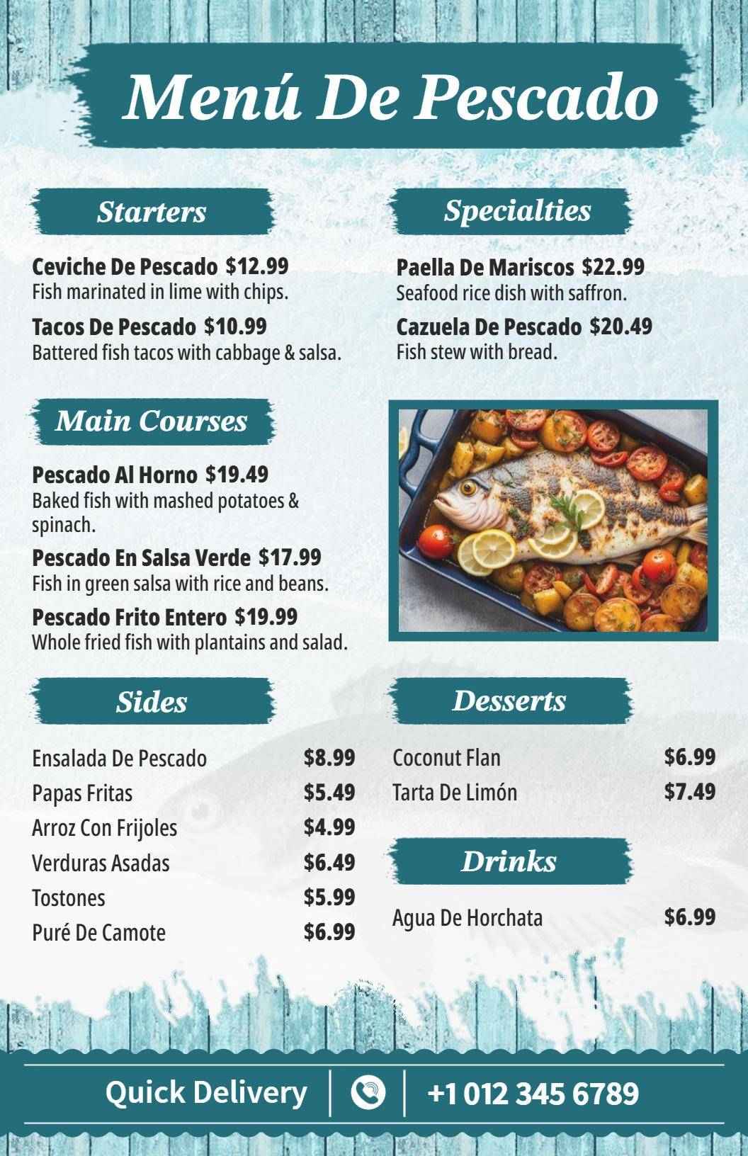 Delicious Ceviche, Paella, and Fish Specialties Seafood Menu Template