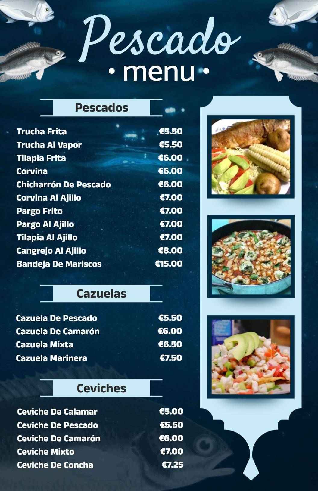 Delicious Ceviches and Fresh Pescado Selections Seafood Menu Template