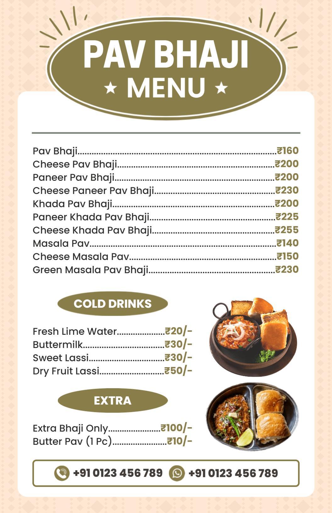 Delicious Cheese and Paneer Varieties in Pav Bhaji Menu Template
