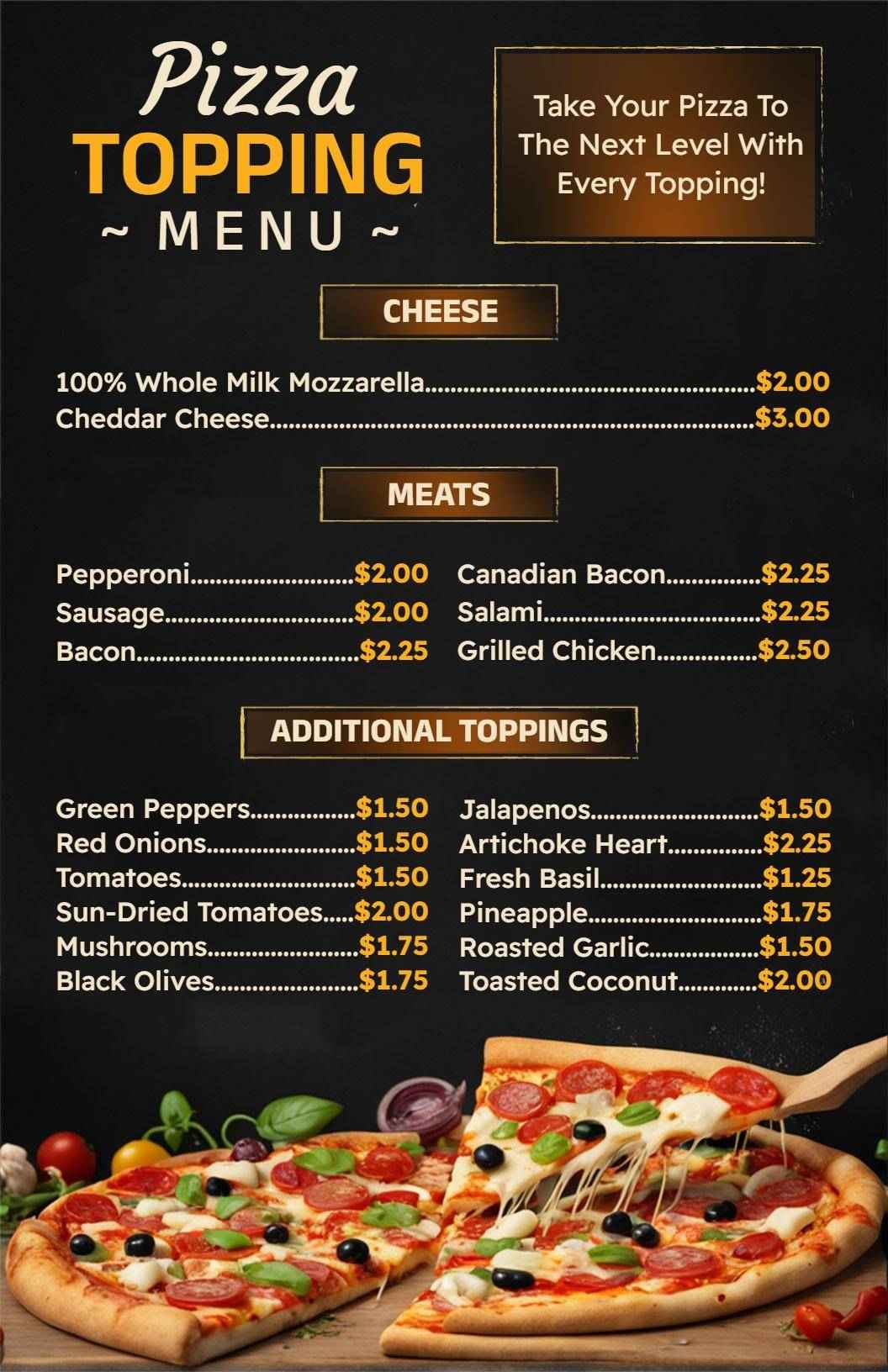 Delicious Cheese and Toppings for Your Perfect Pizza Menu Template