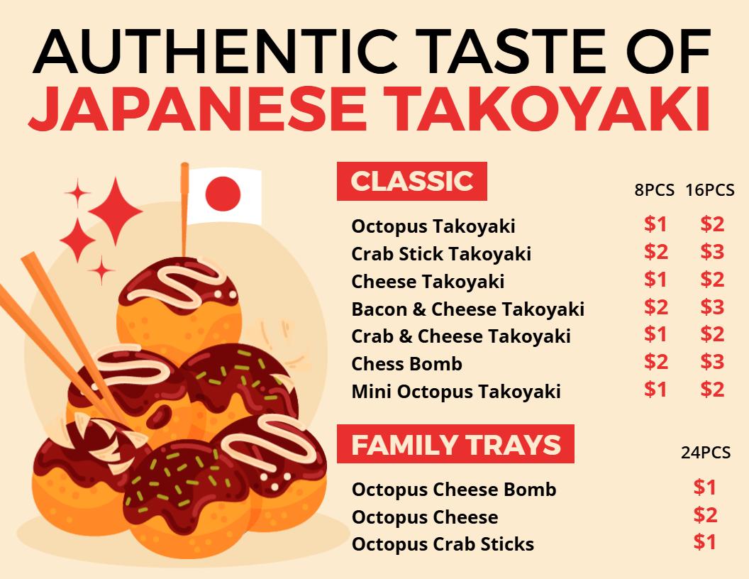 Delicious Chess Bomb and Mini Octopus Japanese Takoyaki Menu Template