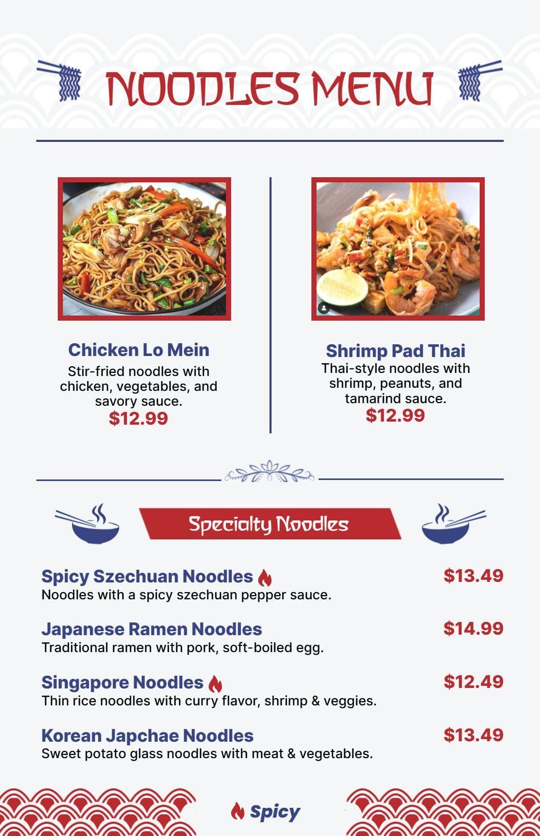 Delicious Chicken Lo Mein and Shrimp Pad Thai Noodles Menu Template