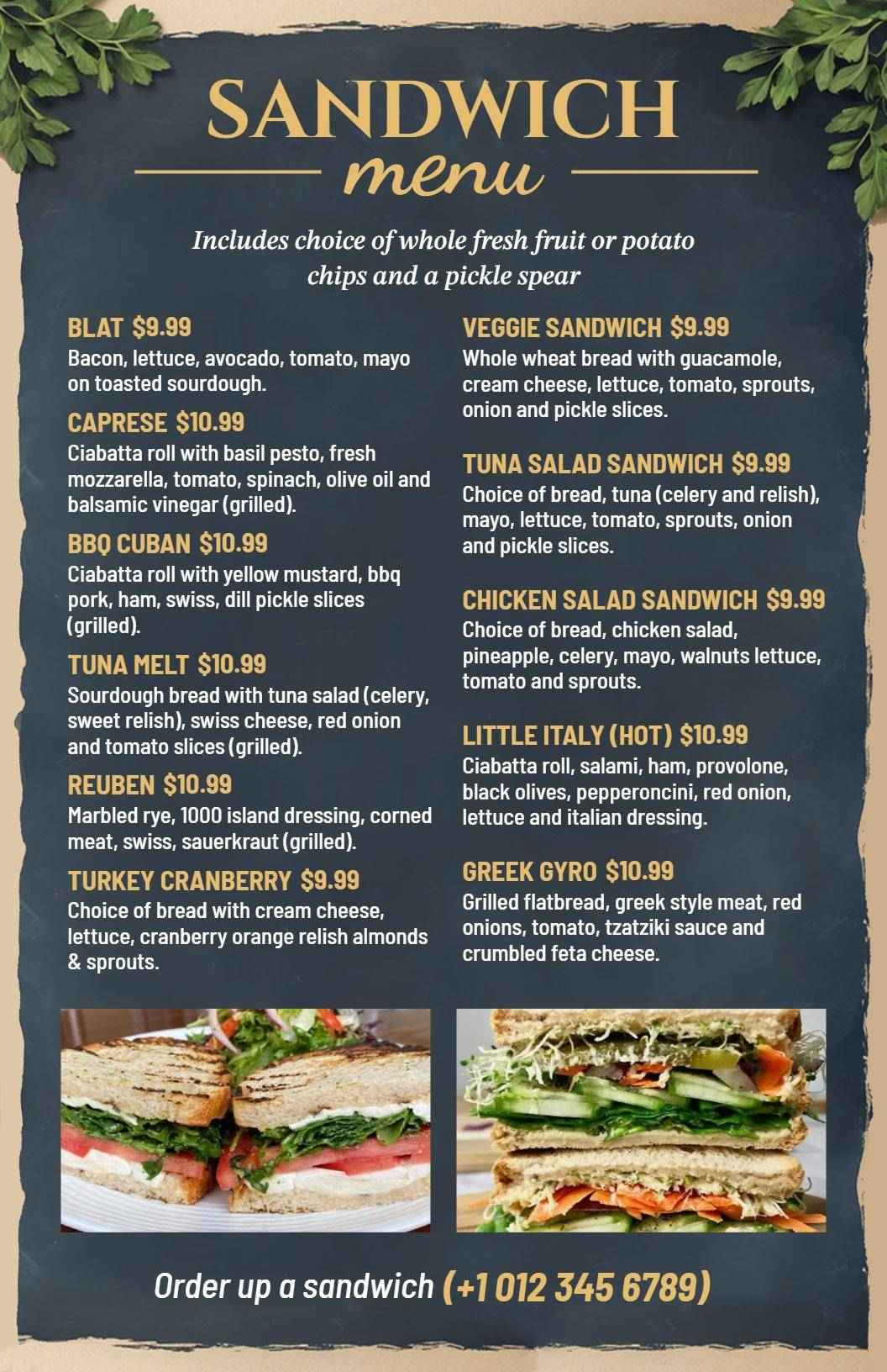Delicious Chicken Salad and BBQ Flavor Selection Sandwich Menu Template