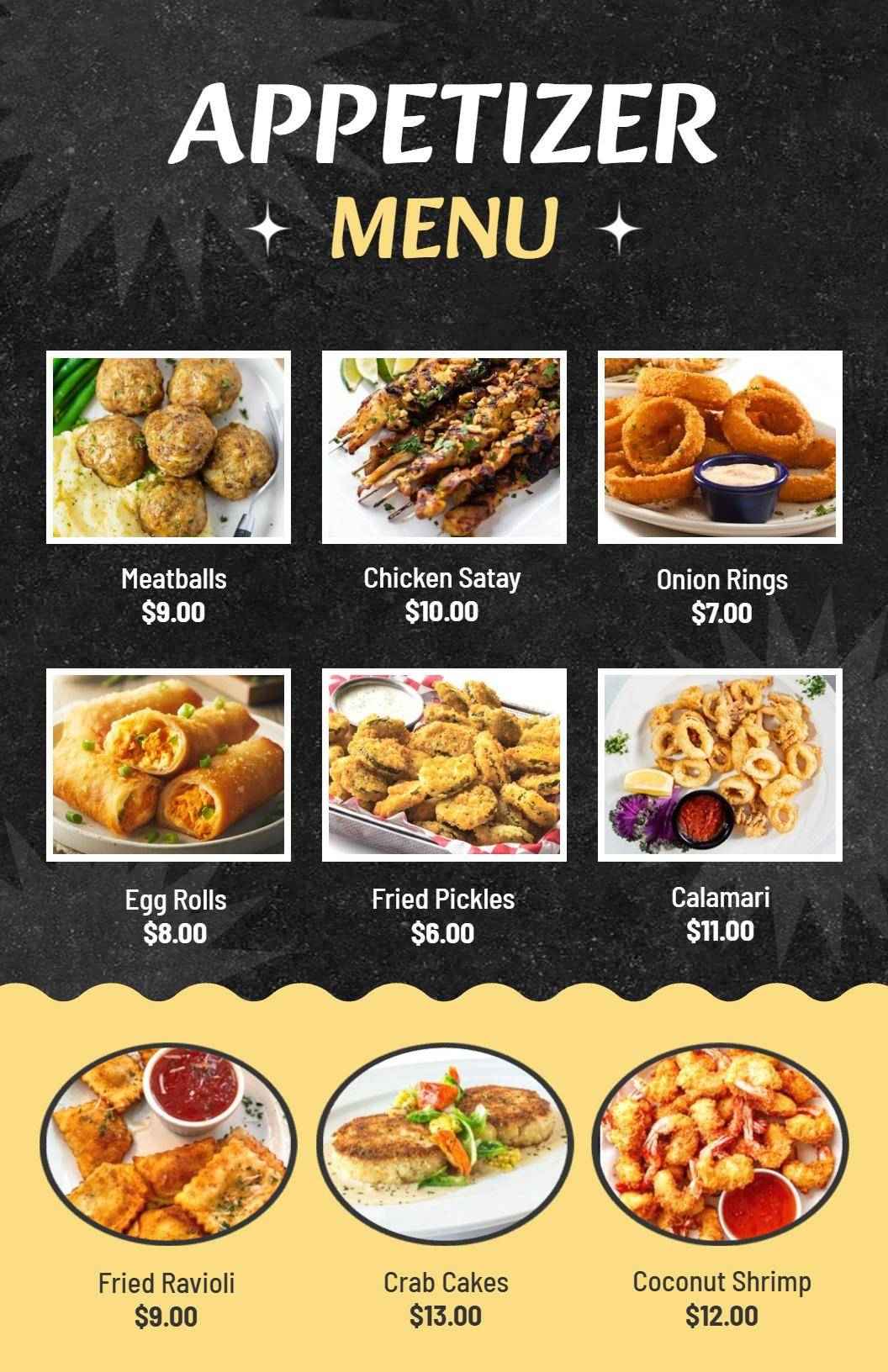 Delicious Chicken Satay and Fried Calamari Options Appetizer Menu Template
