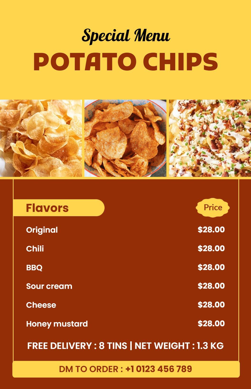 Delicious Chili and Sour Cream Potato Chips Menu Template