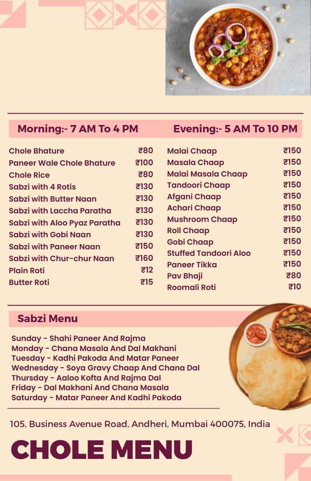 Delicious Chole Bhature and Authentic Indian Dishes Menu Template