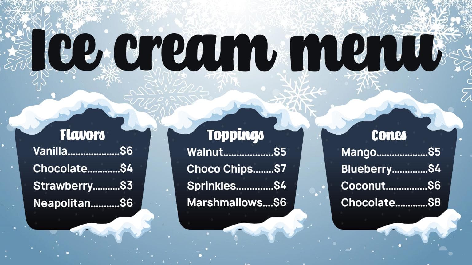 Delicious Classic and Unique Ice Cream Flavors and Toppings Ice Cream Menu Template