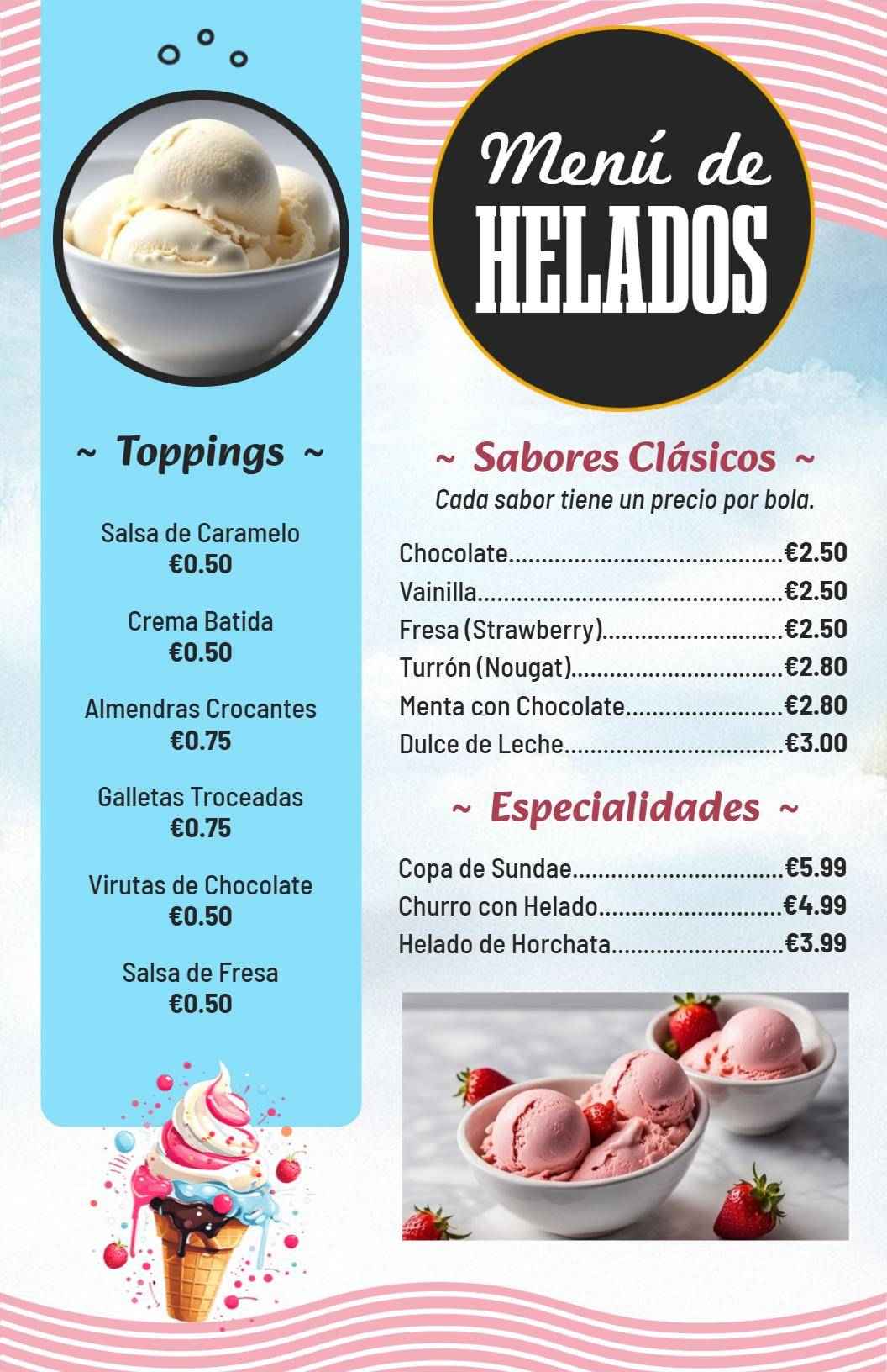 Delicious Classic Flavors and Toppings Ice Cream Menu Template