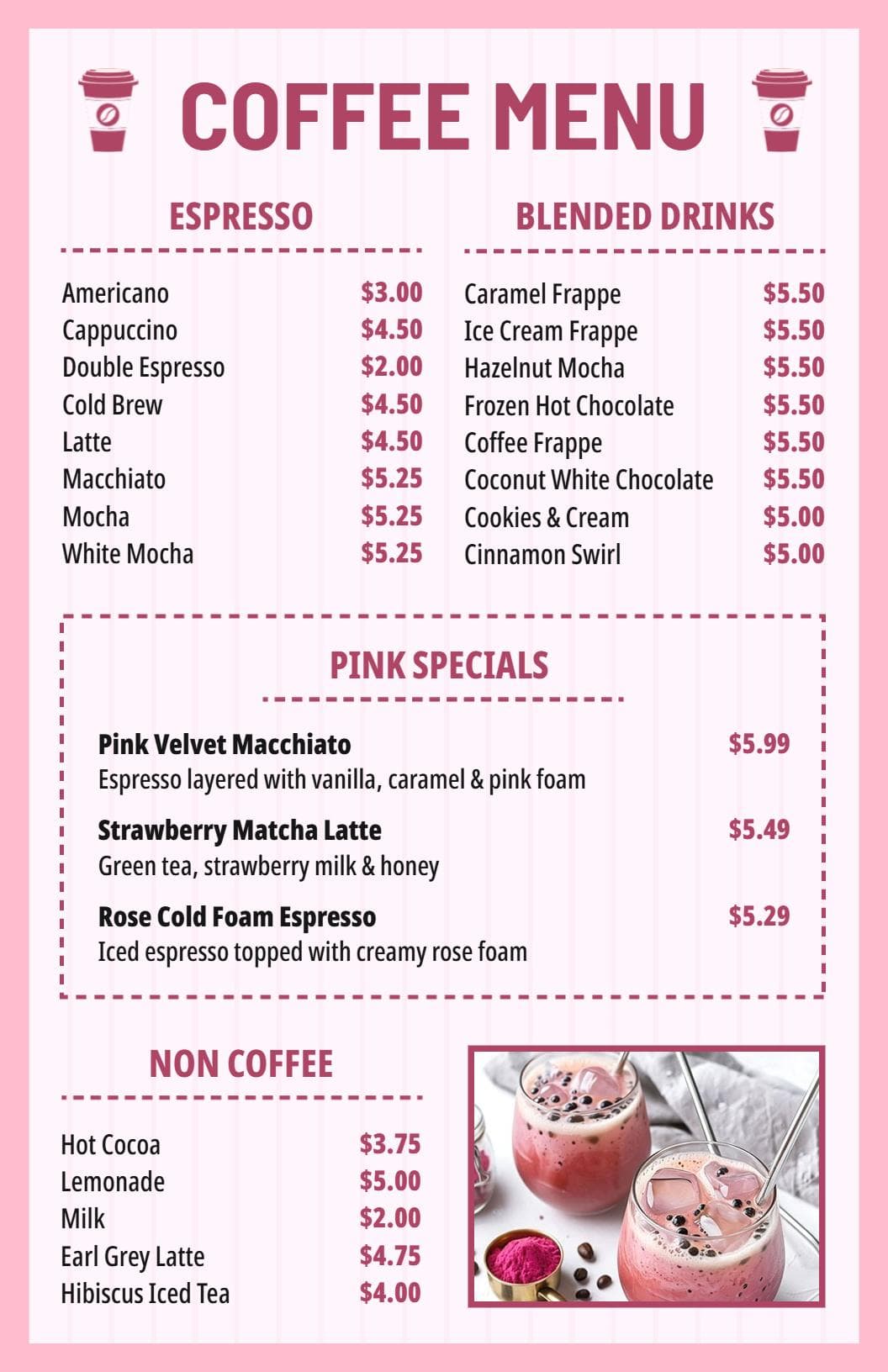 Delicious Coffee and Blended Drink Selections Cafe Menu Template