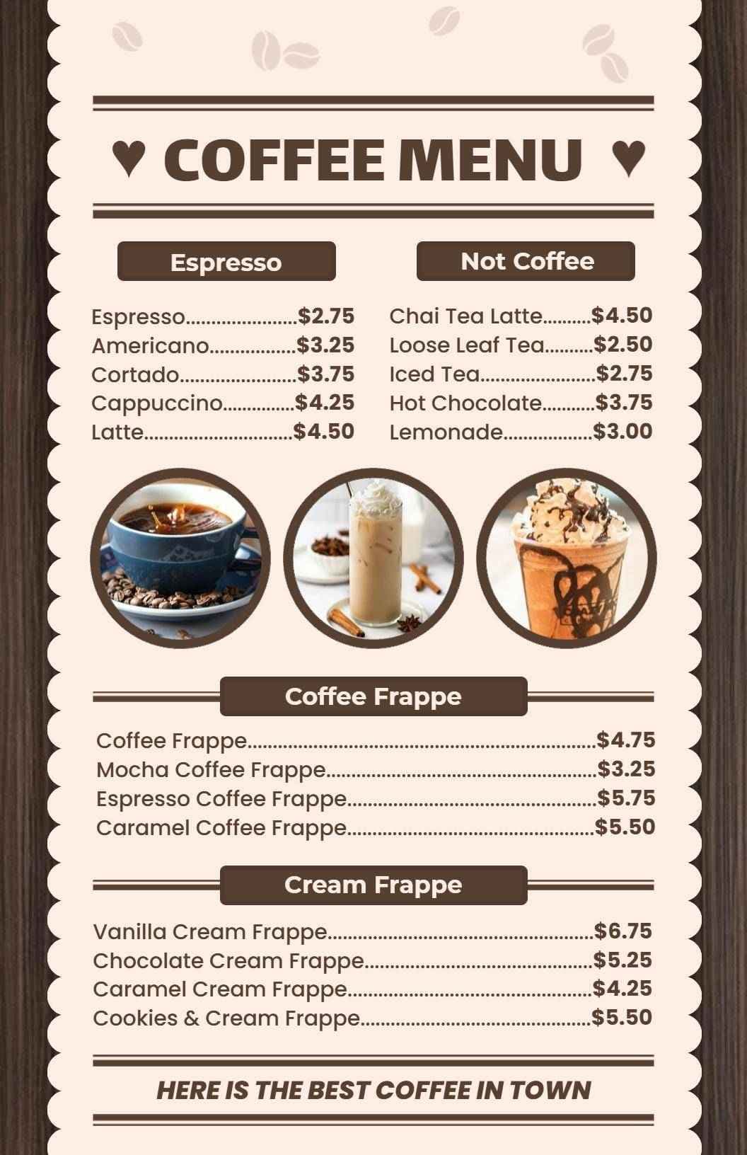 Delicious Coffee Beverages and Creamy Frappes Cafe Menu Template