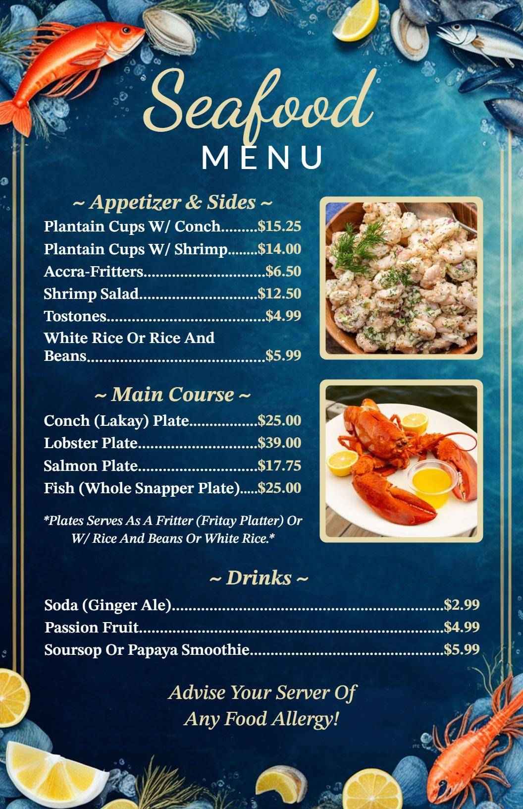 Delicious Conch, Lobster, and Shrimp Delights Seafood Menu Template
