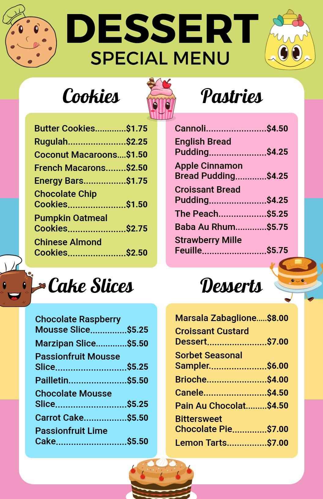 Delicious Cookies and Pastries Including Cakes and Treats Dessert Menu Template