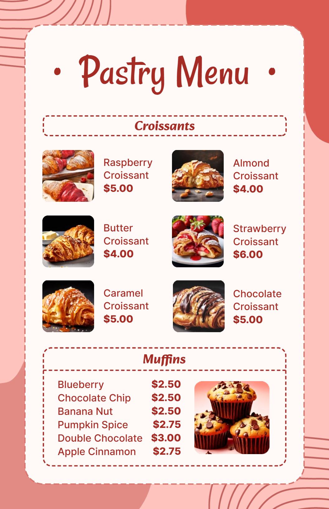 Delicious Croissants and Muffins with Assorted Flavors Pastry Menu Template