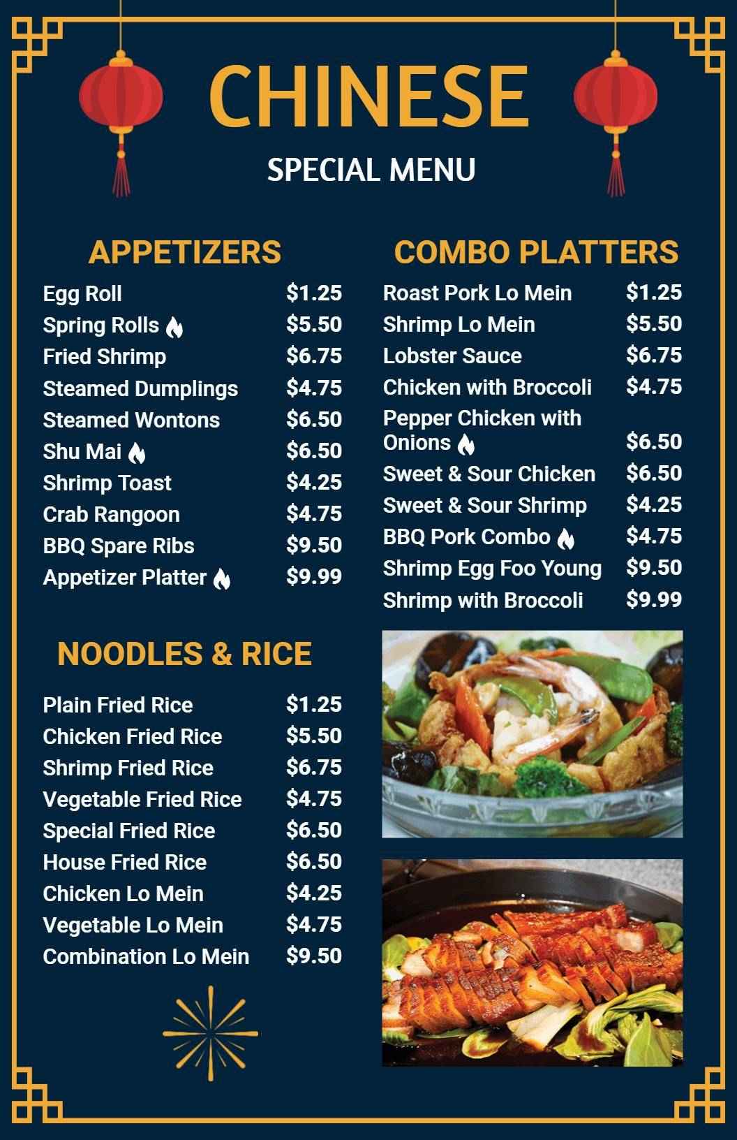 Delicious Dumplings and Flavorful Fried Rice Selections Chinese Menu Template