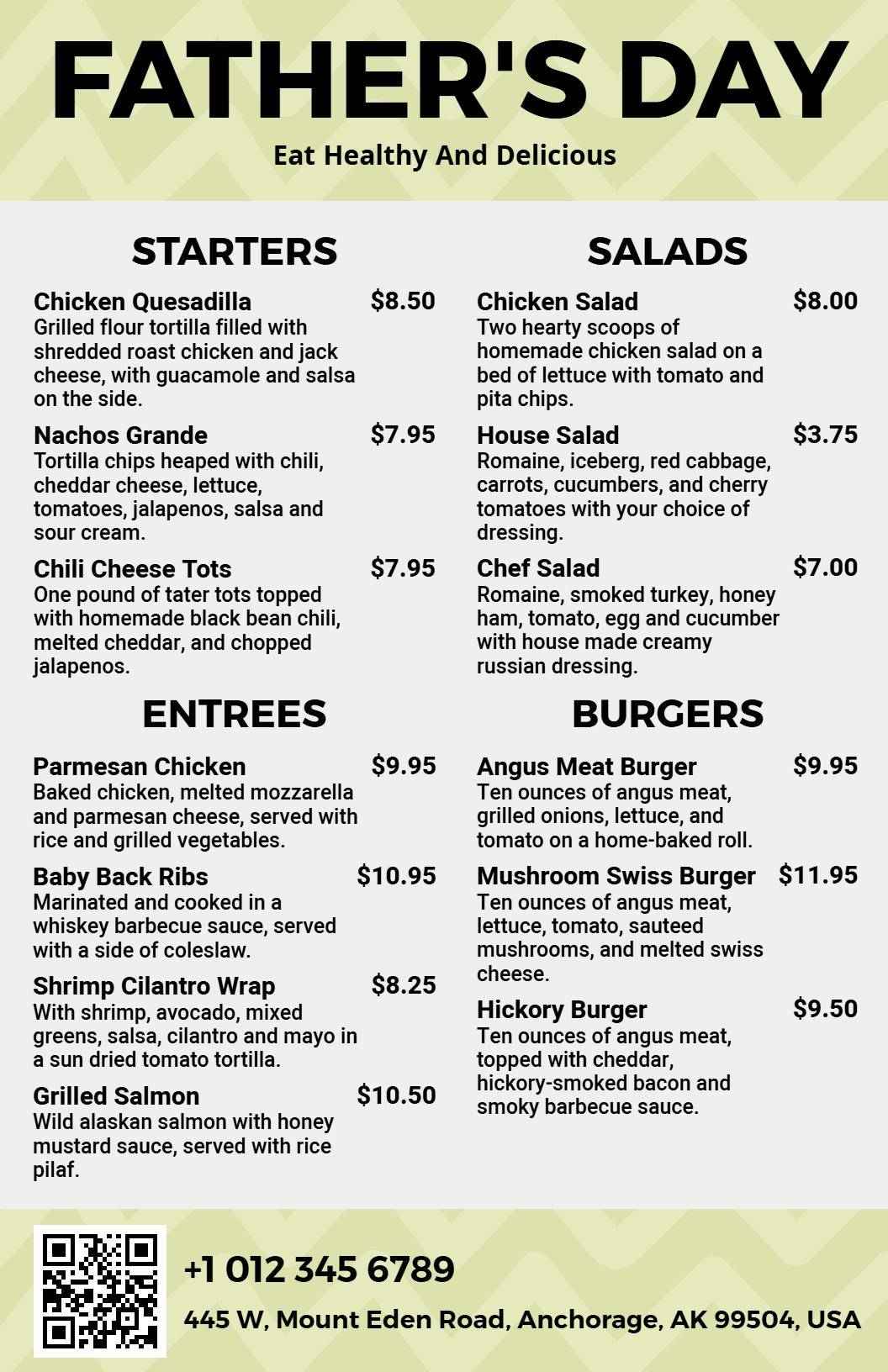 Delicious Entrees and Crispy Starter Selections Father's Day Menu Template