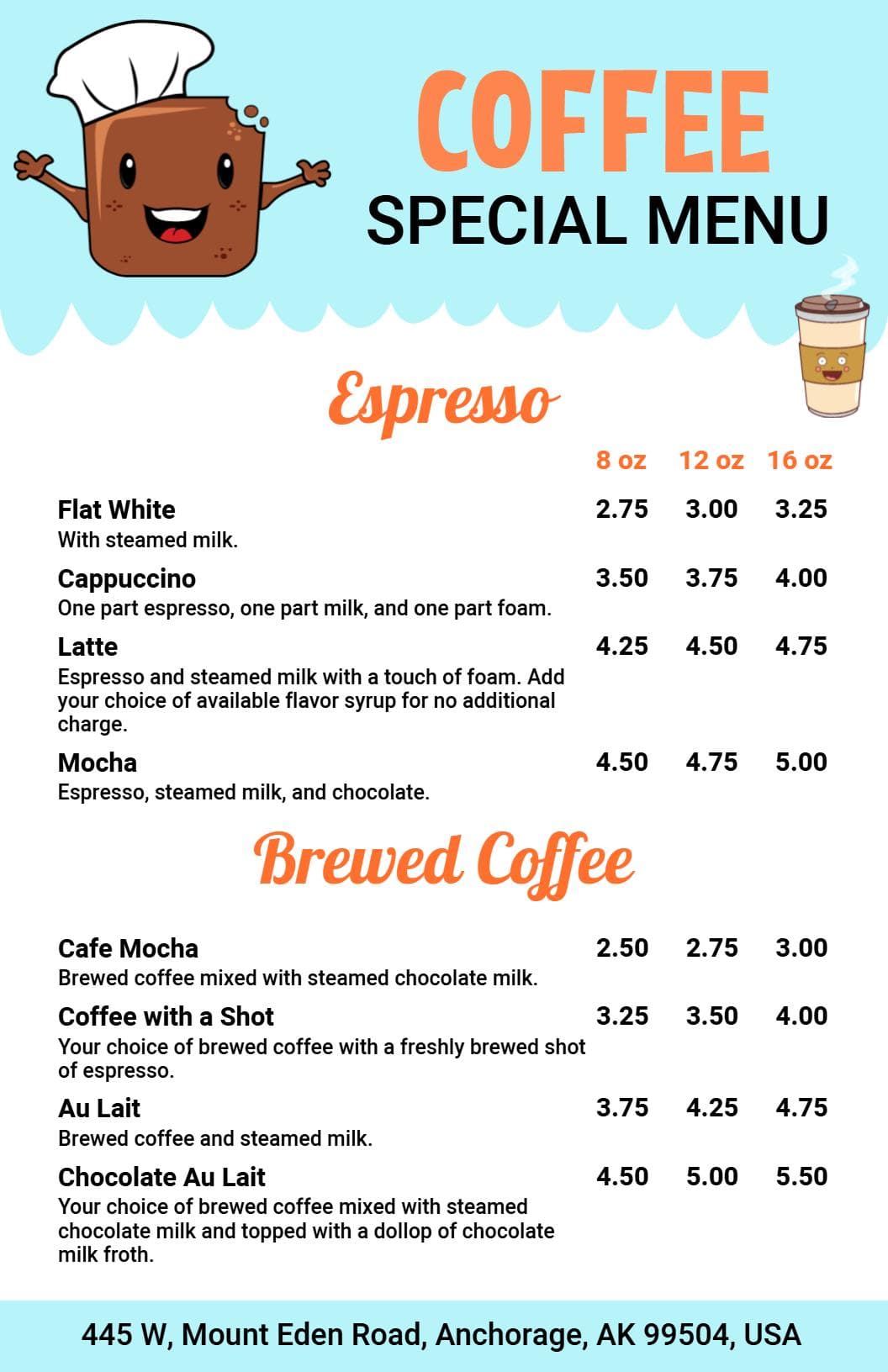 Delicious Espresso and Brewed Coffee Selections Cafe Menu Template