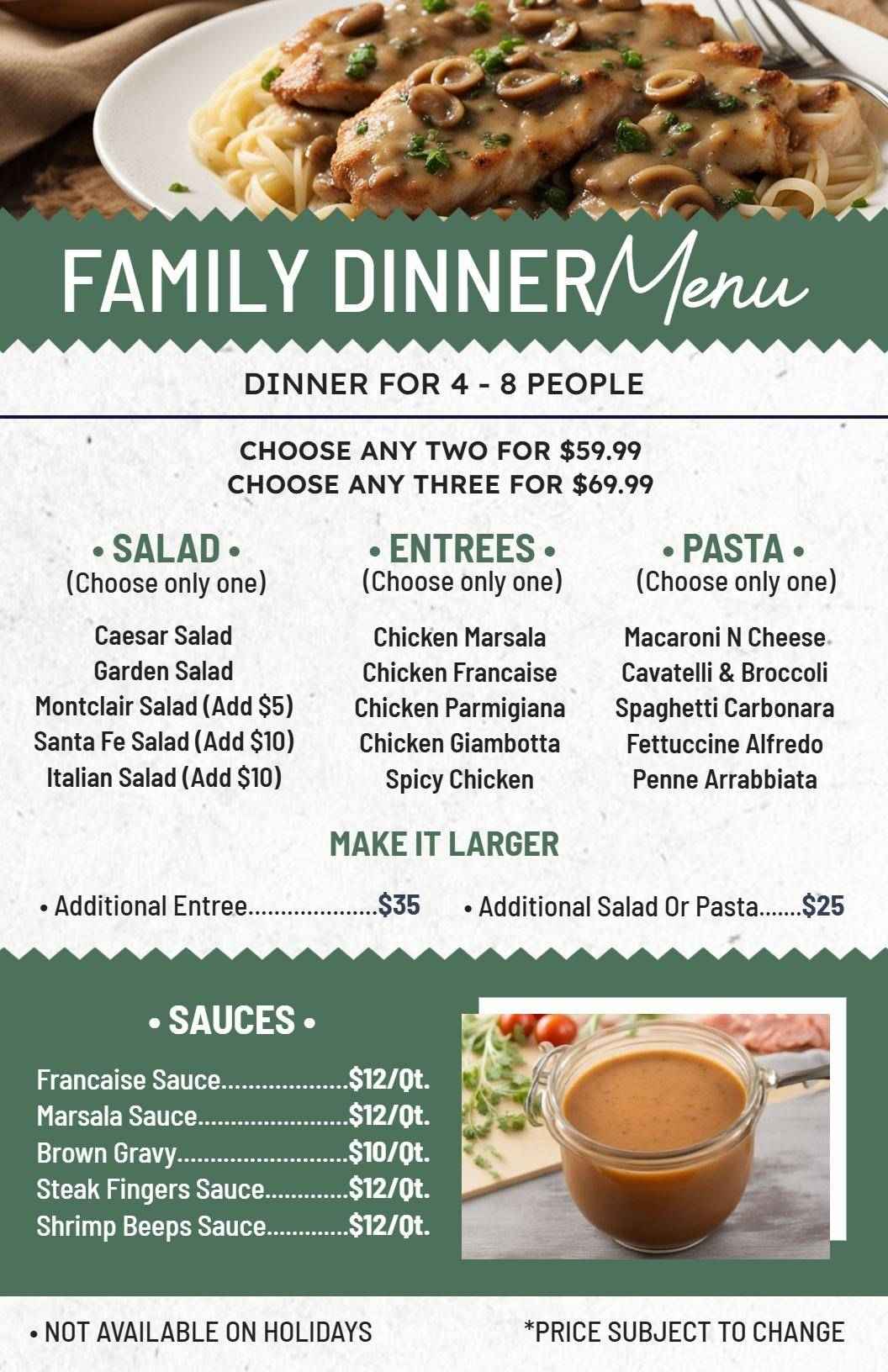 Delicious Family Dinner Selections with Entrees and Sides Dinner Menu Template