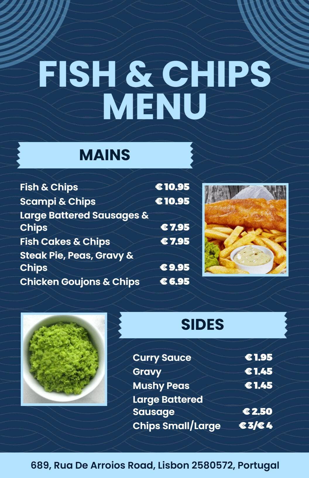 Delicious Fish and Chips Selections with Varied Sides Seafood Menu Template