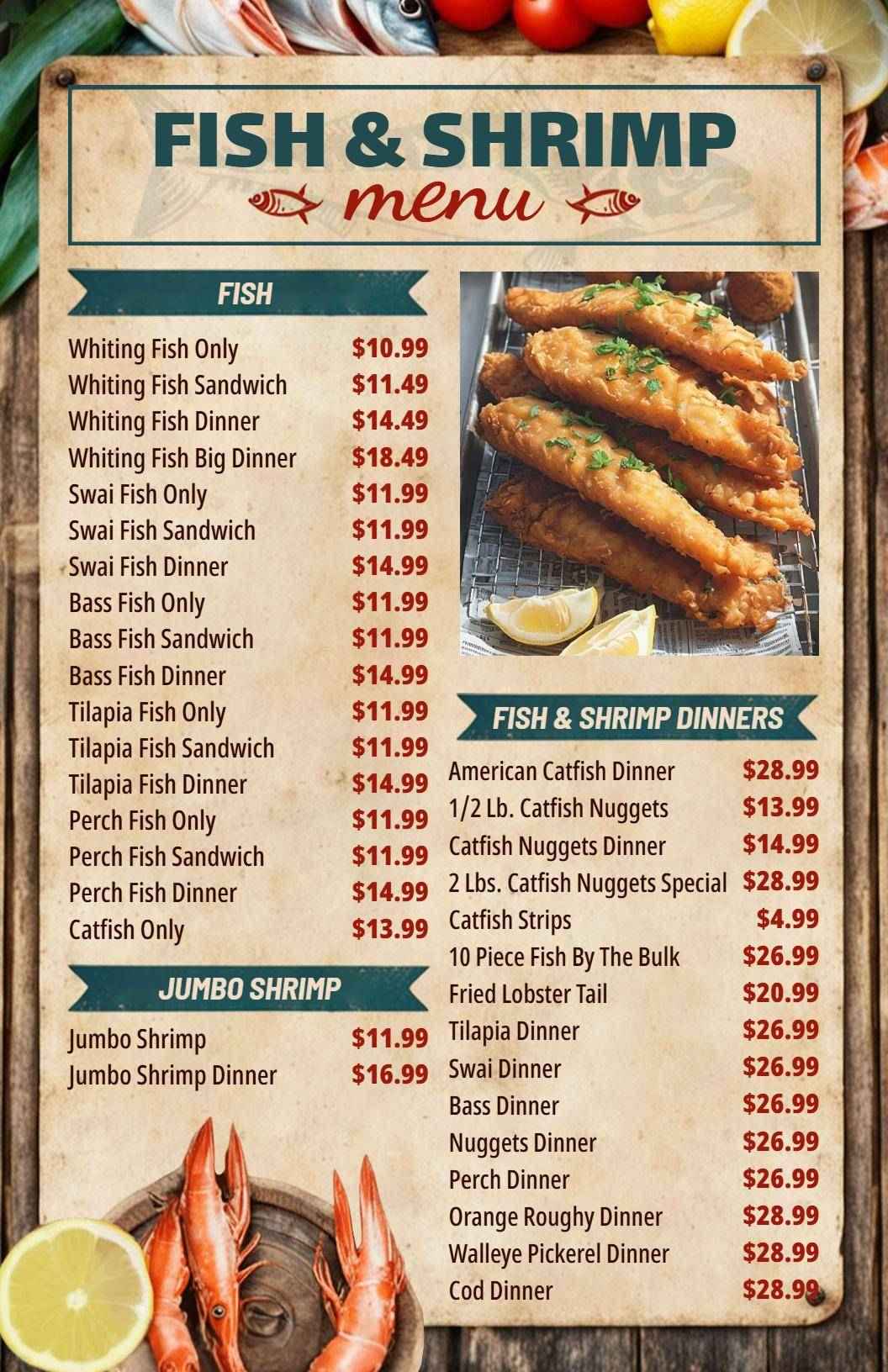 Delicious Fish and Shrimp Dinners Featuring Fresh Catches Seafood Menu Template