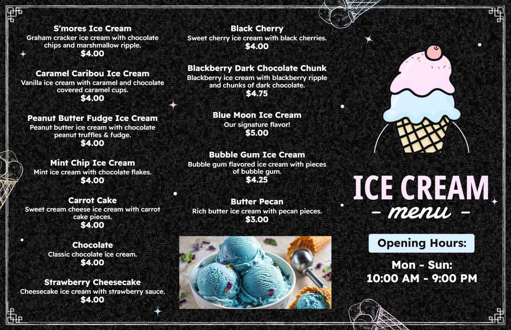 Delicious Flavorful Ice Cream Varieties with Toppings Ice Cream Menu Template