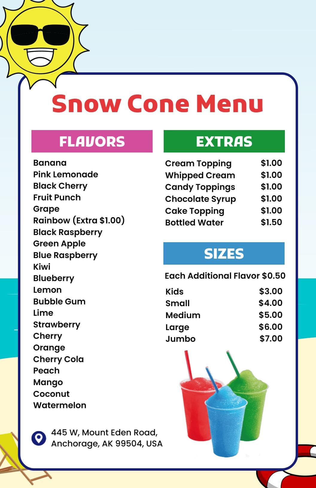 Delicious Flavorful Snow Cone Treats for Hot Days Dessert Menu Template