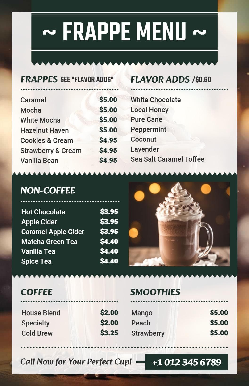 Delicious Frappe Options and Cozy Beverages Cafe Menu Template