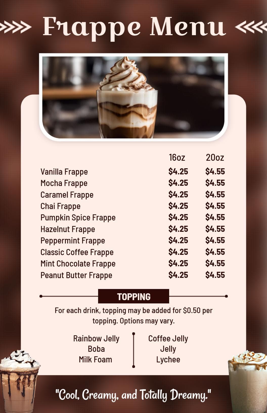 Delicious Frappe Selections and Creamy Toppings Cafe Menu Template