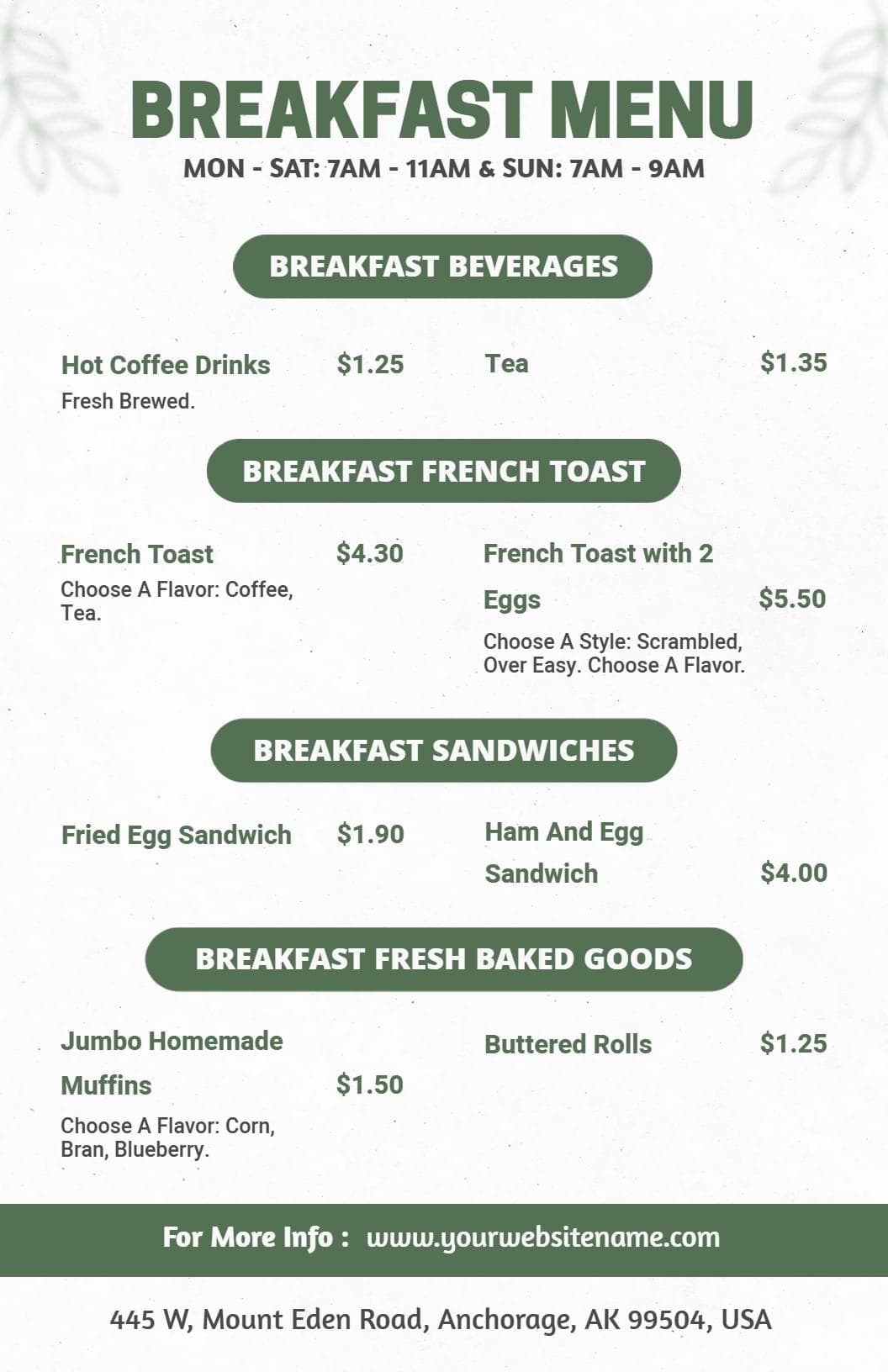 Delicious French Toast and Breakfast Sandwiches Breakfast Menu Template