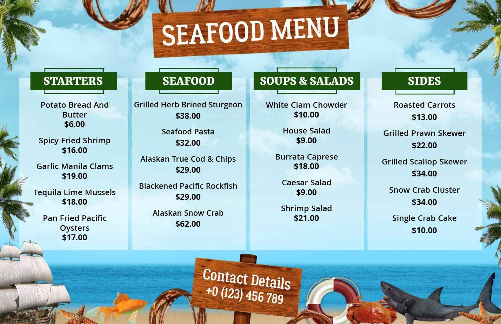 Delicious Fresh Seafood Dishes and Specialties Seafood Menu Template