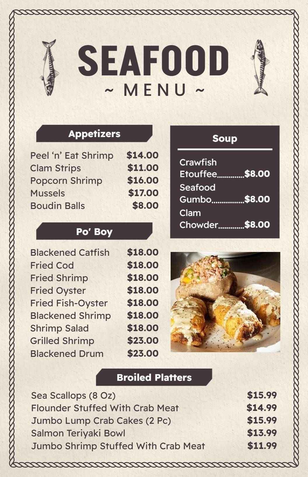 Delicious Fried and Grilled Fish Specialties Seafood Menu Template