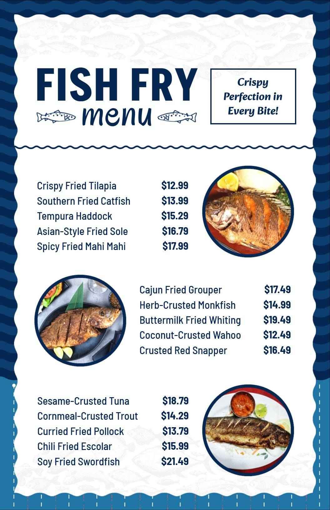 Delicious Fried Fish Selections and Flavorful Seafood Dishes Menu Template
