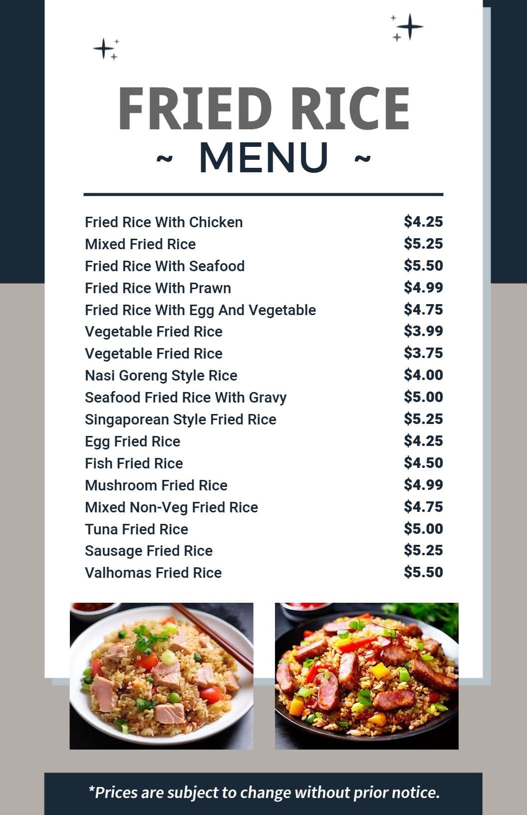 Delicious Fried Rice Varieties Featuring Seafood and Veggies Rice Menu Template