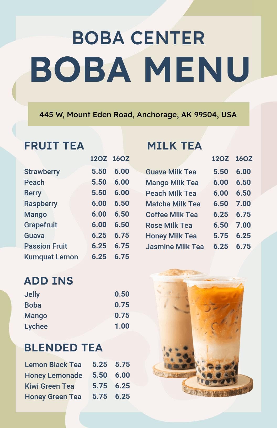Delicious Fruit and Milk Tea Selections with Tasty Add-Ins Boba Menu Template