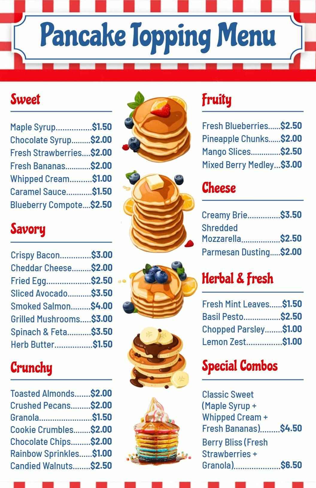 Delicious Fruit and Nut Toppings for Fluffy Pancakes Menu Template