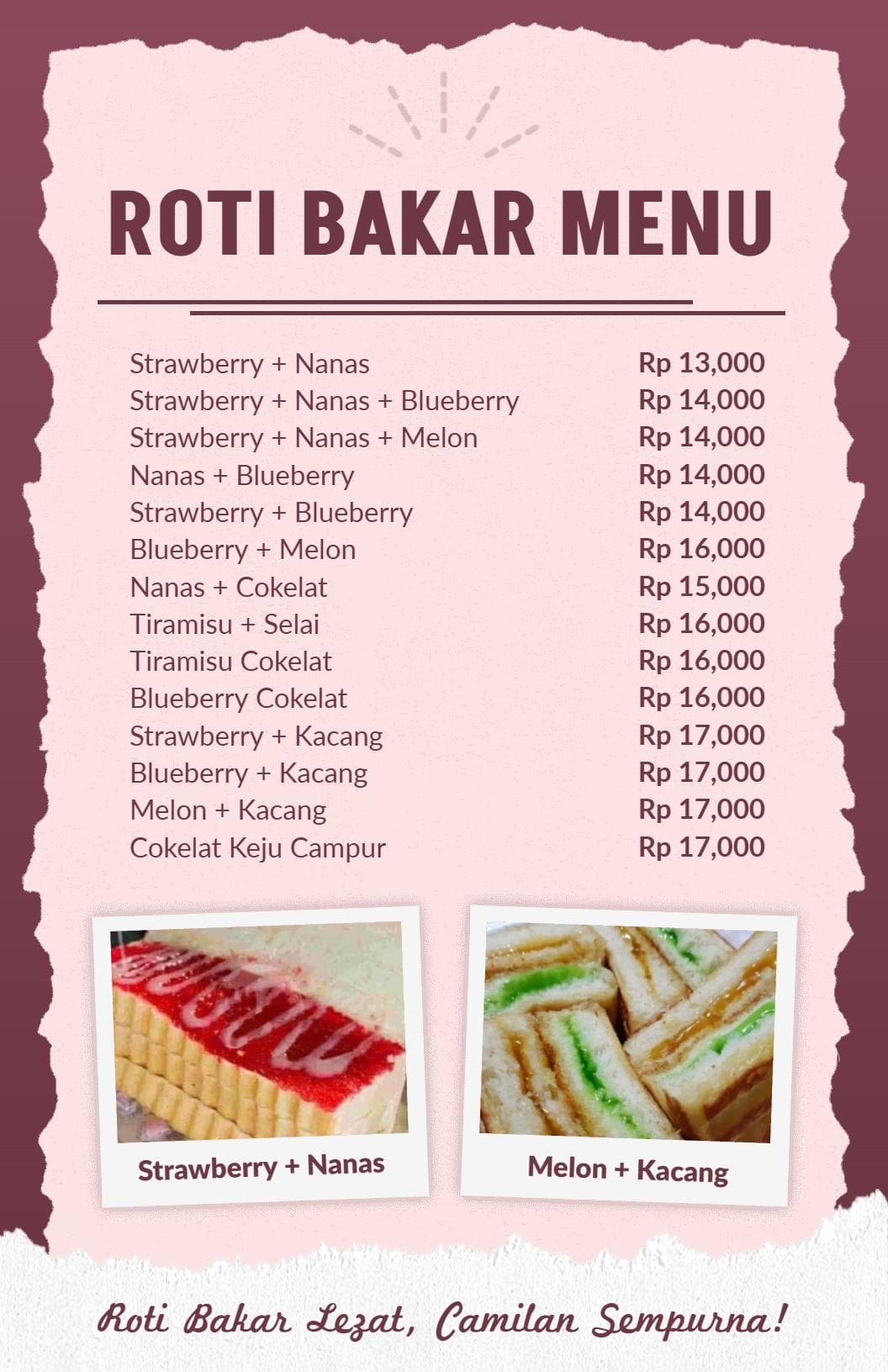 Delicious Fruit and Tiramisu Toast Selections Bakery Menu Template