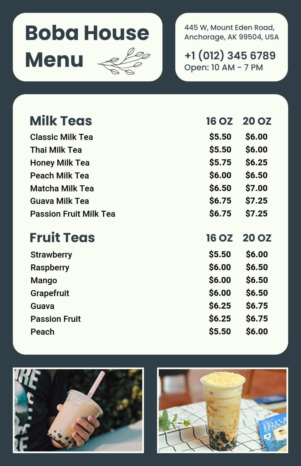 Delicious Fruit Teas and Creamy Milk Options Boba Menu Template